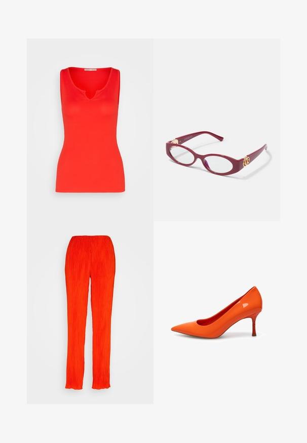 Anna Field by Zalando Top - red; Samsøe Samsøe FRIDAH TROUSERS - Pantalones - orange; Woden WODEN - Tacones - tiger; Gafas de pasta ovaladas rojas con lentes transparentes. Presentan detalles en dorado en las patillas y un diseño moderno y elegante.