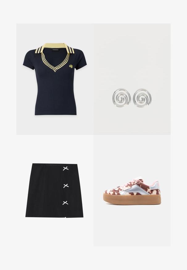 Marineblå kortærmet polo-shirt med gulstribet krave og halsudskæring, med lille gult logo på venstre bryst.; Sort miniskørtes med en glat tekstur, prydet med hvide krydste bånd på venstre side. Enkel design med lige snit.; Sneaker med lav sål i platformstil med lyserøde snørebånd, brun og hvid ko-mønstret print, hvidt læderdetalje på siden og brun gummisål.; Par sølvspiral øreringe med glat, afrundet design på en ensartet hvid baggrund.