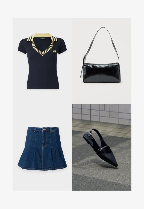 Donkerblauw polohemd met korte mouwen, een gele gestreepte kraag en halslijn, met een klein geel logo op de linkerborst.; Donkerblauwe denim rok met een geplooid ontwerp, vijf zakken, een sluiting met een knoop aan de voorkant en contrasterende stiksels.; Zwarte platte slingback met spits toelopende neus en dubbele gespsluitingen, rustend op grijs asfalt bij een achtergrond van betegelde muur.; Zwarte rechthoekige schoudertas met een enkele verstelbare band en een bovenste ritssluiting op een effen achtergrond.