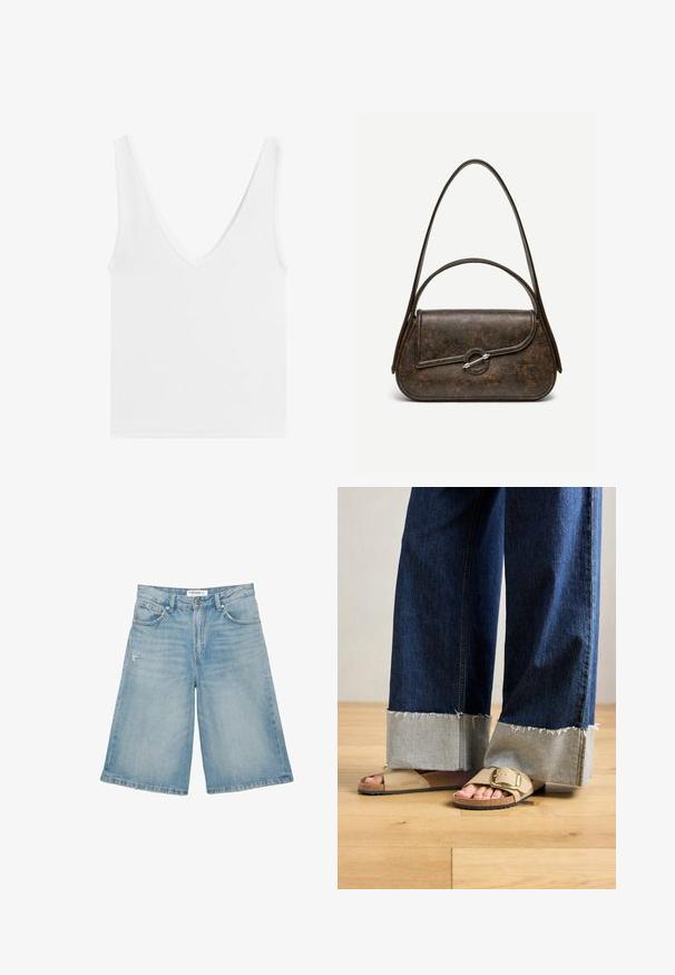 Wit mouwloos tanktopje met diepe V-hals en brede schouderbanden, afgebeeld op een effen achtergrond.; Lichtblauwe denimshorts met een hoge taille, voorste knoop en rits, twee voorzakken en subtiele gebruikte details op de linker dij.; Voeten in beige Birkenstock-sandalen met gouden gespen, gecombineerd met donkerblauwe denimspijkerbroeken die bij de boorden opgerold zijn, staande op een houten vloer.; Donkerbruine lederen handtas met textuur, twee hengsels, afgeronde rechthoekige vorm en zilveren cirkelvormige sluiting op de voorflap.