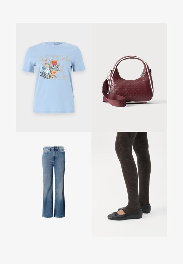 Lichtblauw T-shirt met korte mouwen, voorzien van een bloemenafbeelding en de tekst "LES FLEURS" in goud boven oranje, witte en blauwe bloemen.; Blauwe denim jeans met een hoge taille, wijd uitlopend ontwerp en een vervaagde wassing. Heeft een klassieke vijf-pocket stijl en een sluiting met een knoop aan de voorkant.; Benen met donkere geribbelde leggings gecombineerd met zwarte ballerina's met kleine strikdetails op een witte achtergrond.; Donkerrode geweven leren handtas met gebogen handvat, witte bies, zilveren rits en afneembare brede stoffen schouderriem tegen een effen achtergrond.