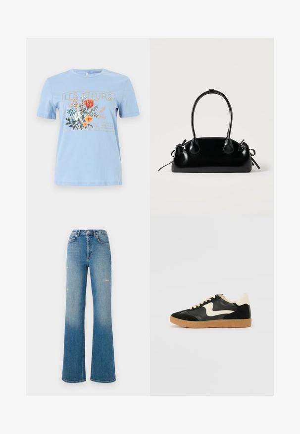 Camiseta de manga corta azul claro con un gráfico floral y el texto "LES FLEURS" en dorado sobre flores naranjas, blancas y azules.; Jeans de mezclilla azul de talle alto con leve desgastes en los muslos, estilo de cinco bolsillos y diseño de pierna acampanada.; Zapatillas de deporte de ante y cuero negro con un swoosh lateral en crema y un talón en crema claro. Presenta cordones beige y una suela de goma marrón.; Pequeño bolso negro brillante con dos asas largas y detalles de cordón lateral sobre un fondo claro liso.