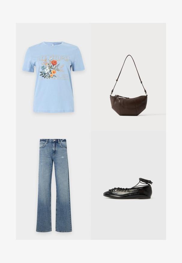 Camiseta de manga corta azul claro con un gráfico floral y el texto "LES FLEURS" en dorado sobre flores naranjas, blancas y azules.; Jeans de mezclilla azul claro con cintura alta, diseño de pierna ancha, ligera desgastación y estructura tradicional de cinco bolsillos.; Zapatos planos tipo ballet de charol negro con punta redondeada, diseño con cordones y suela plana. Textura lisa con detalles mínimos.; Bolso de hombro de cuero marrón con fondo curvado y correa ajustable sobre un fondo claro y liso.