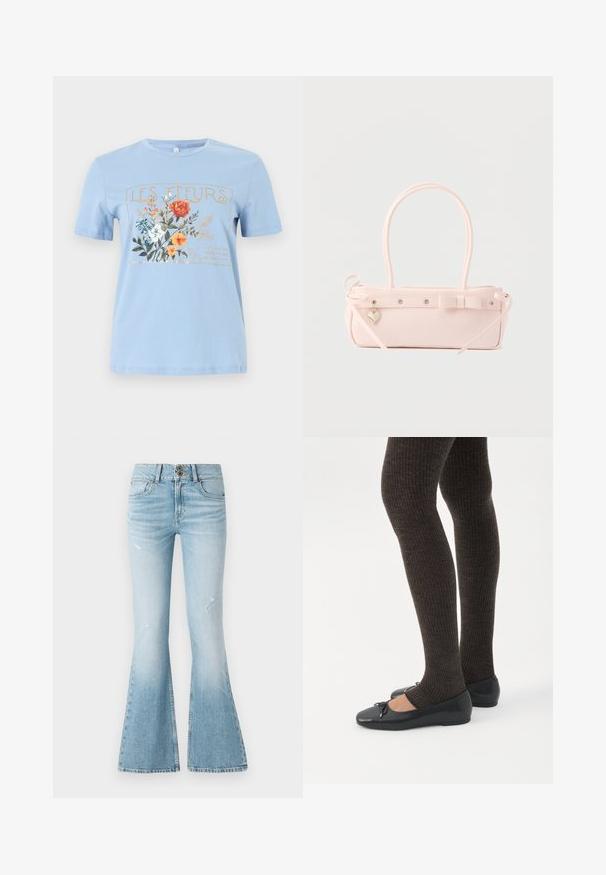 Lyseblå kortærmet t-shirt med et blomsterprint og teksten "LES FLEURS" i guld over orange, hvide og blå blomster.; Lyseblå denim flared jeans med høj talje, der har diskrete slidninger, to-knaps lukning og et klassisk fem-lomme design.; Ben iført mørke ribbede leggings kombineret med sorte balletsko med små sløjfedetaljer på hvid baggrund.; Lyserød rektangulær håndtaske med dobbelte håndtag, dekorativ sløjfe, metalnitter og lille hjerteformet vedhæng på en ensfarvet baggrund.