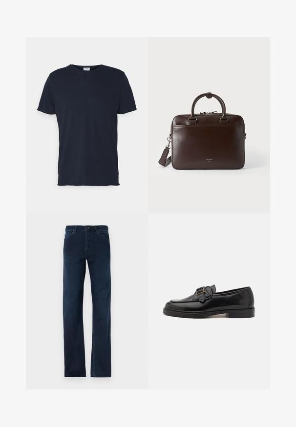 T-shirt en coton bleu marine avec un col rond et des manches courtes, présentant une texture lisse et un design simple, sans motifs ni accents visibles.; Jean en denim bleu foncé avec des jambes droites, cinq poches, une fermeture à bouton et des coutures contrastées le long des coutures.; Mocassins en cuir noir avec un bout arrondi et une boucle décorative. Talon plat, solide et texture lisse sur l'ensemble.; Serviette en cuir brun foncé avec deux poignées, une bandoulière détachable et un petit logo à l'avant sur un fond uni.