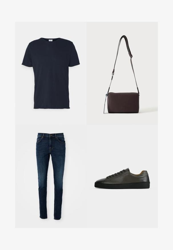 Marineblå bomulds t-shirt med rund hals og korte ærmer, med en glat tekstur og enkel design, uden synlige mønstre eller accenter.; Mørkeblå denim jeans med slim fit, struktureret design, fem-lommes stil og let falmning langs benene og sømmene.; Lavtskåret mørkegrå læder sneaker med sorte snørebånd og sål, minimalistisk design, sideprofil på en ensfarvet lys baggrund.; Mørkebrun textured læder crossbody taske med justerbar rem og lille dekorativ blå accent på siden.