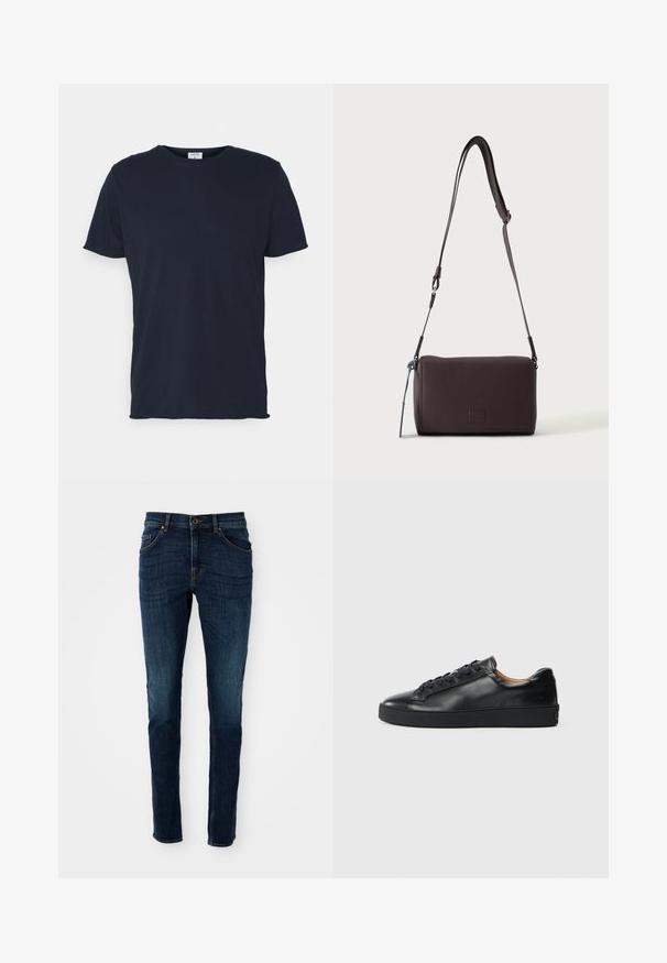 Marineblaue Baumwoll-T-Shirt mit Rundhalsausschnitt und kurzen Ärmeln, mit einer glatten Oberfläche und einfachem Design, ohne sichtbare Muster oder Akzente.; Dunkelblaue Denim-Jeans mit slim fit, strukturiertem Design, Fünf-Taschen-Stil und leichten Ausbleichungen entlang der Beine und Nähte.; Schwarze Leder-Sneaker mit glatter Textur, runder Zehenpartie und Schnürverschluss. Verfügt über eine dicke Gummisohle und minimalistische Marken-Details.; Dunkelbraune, strukturierte Leder-Crossbody-Tasche mit verstellbarem Riemen und kleinem dekorativen blauen Akzent an der Seite.