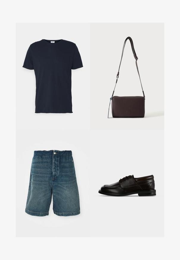 Marineblaue Baumwoll-T-Shirt mit Rundhalsausschnitt und kurzen Ärmeln, mit einer glatten Oberfläche und einfachem Design, ohne sichtbare Muster oder Akzente.; Dunkelblaue Denim-Shorts mit lockerer Passform, Knopfverschlüsse und sichtbaren Nähten an Saum und Taschen.; Dunkelbrauner Leder-Schnürschuh mit abgerundeter Spitze und niedrigem gestapeltem Absatz, von der Seite betrachtet.; Dunkelbraune, strukturierte Leder-Crossbody-Tasche mit verstellbarem Riemen und kleinem dekorativen blauen Akzent an der Seite.