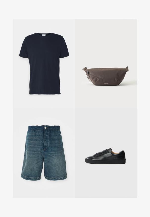 Marineblaue Baumwoll-T-Shirt mit Rundhalsausschnitt und kurzen Ärmeln, mit einer glatten Oberfläche und einfachem Design, ohne sichtbare Muster oder Akzente.; Dunkelblaue Denim-Shorts mit lockerer Passform, Knopfverschlüsse und sichtbaren Nähten an Saum und Taschen.; Schwarze Leder-Sneaker mit glatter Textur, runder Zehenpartie und Schnürverschluss. Verfügt über eine dicke Gummisohle und minimalistische Marken-Details.; Dunkelbraune Stoff-Gürteltasche mit diagonalem Reißverschlussfach und kleinem weißen Logo vorne, vor einem einfarbigen hellen Hintergrund.