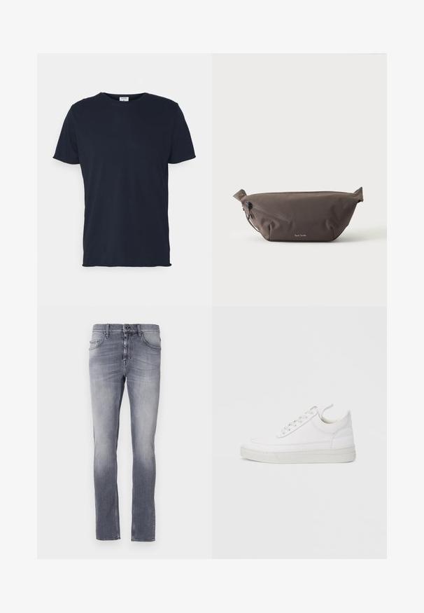 Navyblauwe katoenen t-shirt met ronde hals en korte mouwen, met een gladde textuur en eenvoudig ontwerp, zonder zichtbare patronen of accenten.; Grijze denim jeans met een vervaagde was, recht gesneden ontwerp, vijf zakken, riemlussen en een metalen knoopsluiting bij de taille.; Witte leren sneaker met een afgeronde neus, platte zool en veters aan de voorkant. Voorzien van stikseldetails en een gevoerde kraag voor comfort.; Donkerbruine stoffen heuptas met diagonale ritssluiting en klein wit logo aan de voorkant, tegen een effen lichte achtergrond.