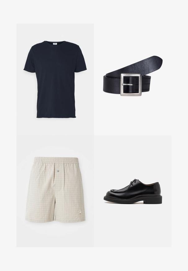 Marineblaue Baumwoll-T-Shirt mit Rundhalsausschnitt und kurzen Ärmeln, mit einer glatten Oberfläche und einfachem Design, ohne sichtbare Muster oder Akzente.; Hellbeige kariertes Shorts mit einer weichen Textur, elastischem Bund und einer dekorativen weißen Gänse-Stickerei nahe dem Saum.; Schwarzer Lederschuh mit runder Zehenform, gesteppten Details, minimalen Schnürsenkeln und dicker Gummisohle für Traktion und Langlebigkeit.; Schwarzer Ledergürtel mit einer rechteckigen silbernen Schnalle und genähten Details am Riemen, mit glatter Textur und abgerundetem Ende.