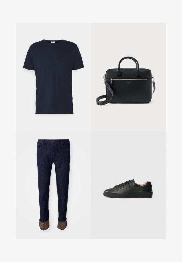 Marineblå bomulds t-shirt med rund hals og korte ærmer, med en glat tekstur og enkel design, uden synlige mønstre eller accenter.; Mørkeblå denim jeans med lige pasform, forsynet med opuldet nederdel i et struktureret brunt materiale med et logo- mønster. Standard fem-lomme design.; Sorte lavtop lædersneakers med tekstureret overflade, sorte snørebånd og tyk gummisål, vist fra siden på en lys baggrund.; Sort struktureret rektangulær lædermappe med dobbelthåndtag, lynlåslomme foran og justerbar skulderrem vist på hvid baggrund.