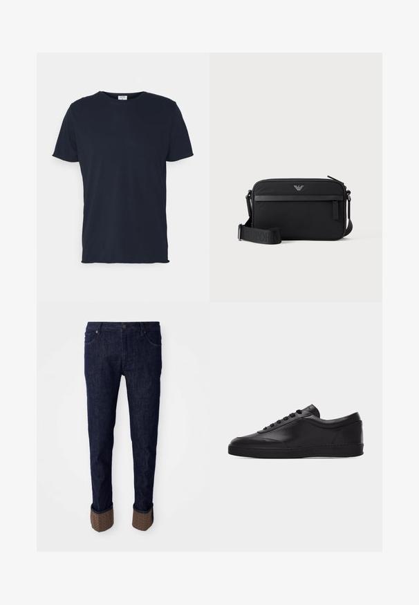 Navyblauwe katoenen t-shirt met ronde hals en korte mouwen, met een gladde textuur en eenvoudig ontwerp, zonder zichtbare patronen of accenten.; Donkerblauwe denim jeans met een rechte pasvorm, voorzien van opgerolde manchetten in een gestructureerd bruin materiaal met een logo-patroon. Standaard vijf-pocket ontwerp.; Zwarte lage leren sneaker met vetersluiting aan de voorkant en een platte rubberen zool, gezien van de zijkant tegen een effen witte achtergrond.; Zwarte rechthoekige crossbodytas met voorvak met rits, verstelbare schouderriem en klein metalen logo bovenaan in het midden.