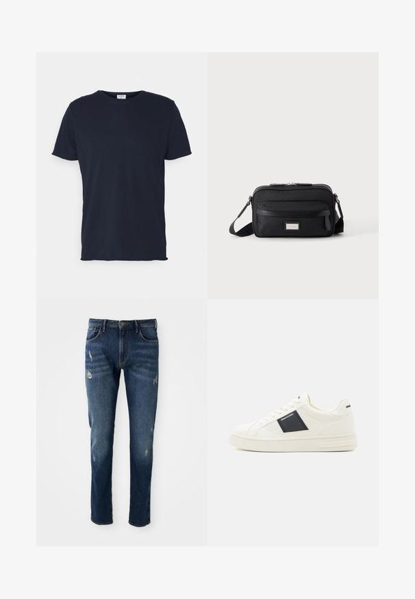 Camiseta de algodón azul marino con cuello redondo y mangas cortas, de textura suave y diseño simple, sin patrones ni acentos visibles.; Jeans de mezclilla azul oscuro con corte ajustado, ligero desgaste en los muslos y las rodillas, diseño clásico de cinco bolsillos y cierre de botón.; Zapatillas de cuero blanco con un acento en marino, puntera redonda, suela de goma plana y diseño minimalista. Presenta la marca en el lado y en el talón.; Bolso bandolera rectangular negro con bolsillo frontal con cremallera, correa ajustable y placa de logo rectangular plateada sobre fondo liso.