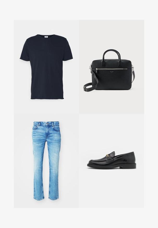 Marineblaue Baumwoll-T-Shirt mit Rundhalsausschnitt und kurzen Ärmeln, mit einer glatten Oberfläche und einfachem Design, ohne sichtbare Muster oder Akzente.; Blaue Jeans aus Denim mit einem ausgewaschenen Look, geradem Bein und rohem Saum. Verfügt über einen Fünf-Taschen-Stil und Metallknopf-Details.; Schwarze Lederleter mit einer abgerundeten Zehenpartie, ausgestattet mit goldenen Hardwareakzenten und Stichdetails, auf einer niedrigen, strukturierten Gummisohle.; Schwarze strukturierte rechteckige Lederaktentasche mit Doppelgriffen, vorderer Reißverschlusstasche und verstellbarem Schultergurt, auf weißem Hintergrund dargestellt.