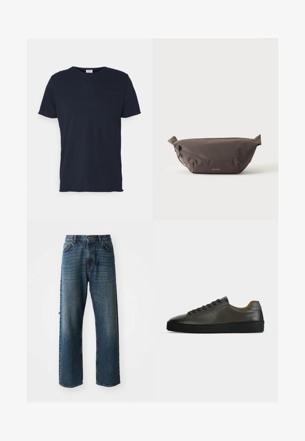 T-shirt en coton bleu marine avec un col rond et des manches courtes, présentant une texture lisse et un design simple, sans motifs ni accents visibles.; NN.07 OTIS - Jean droit - stonewashed; Basket basse en cuir gris foncé avec lacets et semelle noirs, design minimaliste, profil latéral sur un fond clair uni.; Sac banane en tissu marron foncé avec poche zippée en diagonale et petit logo blanc sur le devant, sur un fond clair uni.