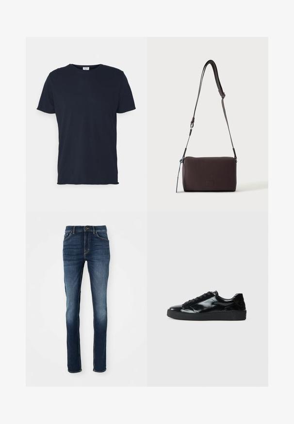 Navyblauwe katoenen t-shirt met ronde hals en korte mouwen, met een gladde textuur en eenvoudig ontwerp, zonder zichtbare patronen of accenten.; Donkerblauwe denim jeans met een slim fit, voorzien van vijf zakken, gouden stiksels en een licht vervaagde voorkant voor een casual uitstraling.; Zwarte gepatenteerde leren sneakers met een ronde neus, vetersluiting, een gestructureerde rubberen zool en een glanzende afwerking.; Donkerbruine gestructureerde leren crossbodytas met verstelbare riem en klein decoratief blauw accent aan de zijkant.