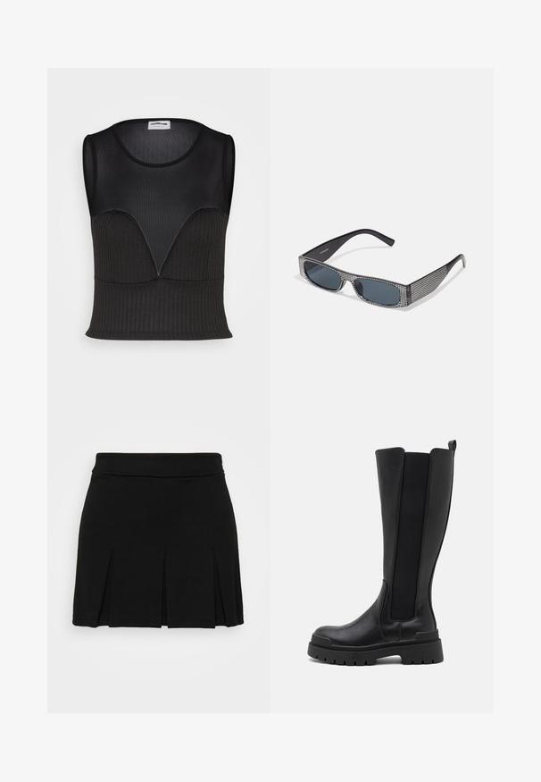Noisy May DERIN MIX - Top - black; Even&Odd by Zalando Minirock - black; Even&Odd by Zalando Plateaustiefel - black; Schwarze Sonnenbrille mit grauen Gläsern, versehen mit einem Rastermuster aus kleinen metallischen Strasssteinen entlang der Fassung. Glatte Oberfläche, kantiges Design.