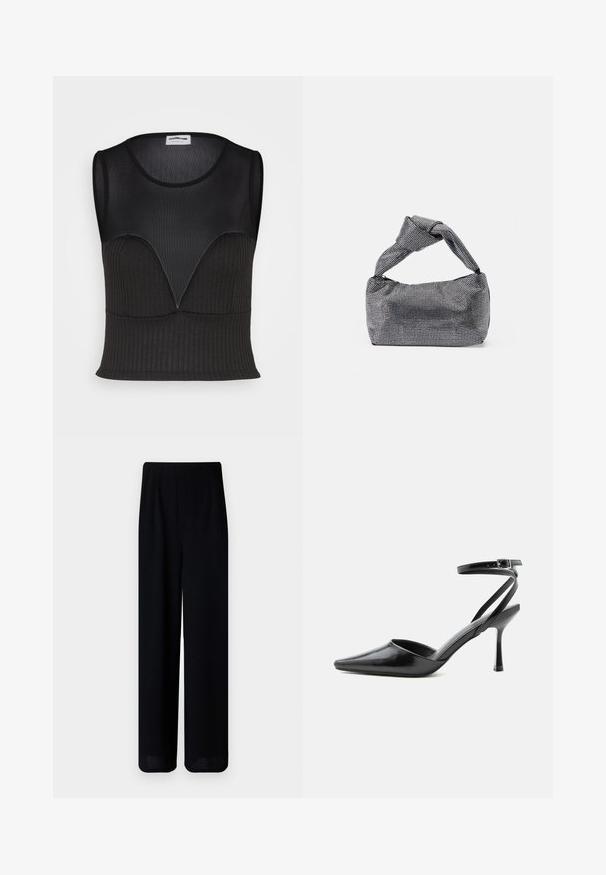 Noisy May DERIN MIX - Top - black; Vero Moda Petite VMLIVA SUPER WIDE PANTS - Stoffhose - black; Schwarzer spitzer High Heel mit dünnen Knöchelriemen und silberner Schnalle auf einfachem hellem Hintergrund.; Schwarz-silberne Handtasche mit einer strukturierten Oberfläche, die ein Diamantmuster aufweist, einem geknoteten Griff und einer strukturierten Form.
