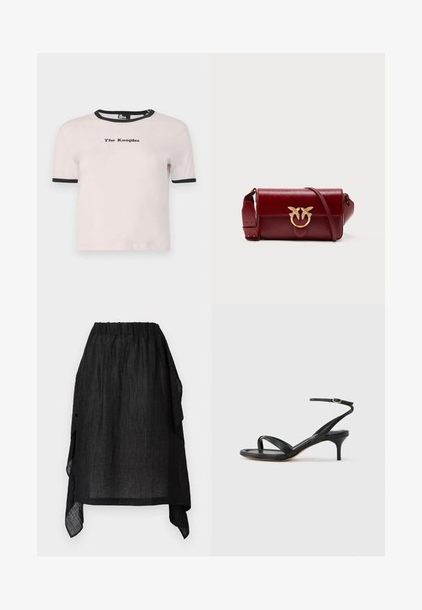 Hellrosa T-Shirt mit kurzen Ärmeln und schwarzem geripptem Halsausschnitt. Mit dem zentral auf der Vorderseite platzierten „The Kooples“-Logo in Schwarz. Aus weichem Baumwollmaterial.; Henrik Vibskov UNCUT SKIRT - A-Linien-Rock - black; Schwarze Ledersandale für Damen mit dünnen Riemchen, einer Zehenlasche, einer Knöchelschnalle und einem mittelhohen Stöckelabsatz vor neutralem Hintergrund.; Rote Leder-Umhängetasche mit texturierter Oberfläche, ausgestattet mit einem goldfarbenen Verschluss in Form von zwei Vögeln und einem abnehmbaren Riemen.