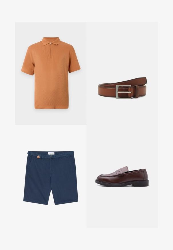 Heren polo shirt met korte mouwen in een gestructureerd oranje met een rits bij de hals en een klassieke kraag op een witte achtergrond.; Navyblauwe shorts van katoen, met een gevlochten riem met een accent van bruin leer, zijzakken en een rechte snit.; Bruine leren loafer met zwarte zool en gestikte details, zijaanzicht op witte achtergrond.; Bruine leren riem met een zilveren rechthoekige gesp, met subtiele stikdetails en een gladde textuur.