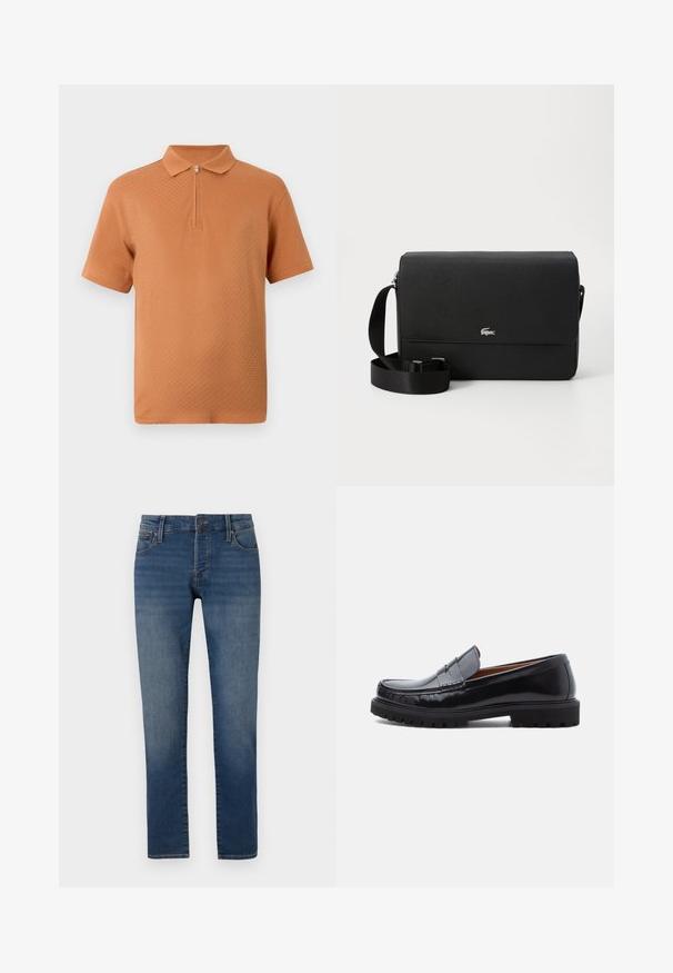 Heren polo shirt met korte mouwen in een gestructureerd oranje met een rits bij de hals en een klassieke kraag op een witte achtergrond.; Slim-fit blauwe jeans met lichte vervaging op de bovenbenen, vijf-pocket ontwerp, knoopsluiting en rechte pijp op een witte achtergrond.; Zwarte leren penny loafer met chunky rubberen zool en moc-toe stiksel, in profiel weergegeven op een witte achtergrond.; Zwarte leren schoudertas met een soepele structuur, een voorklep, zilveren logoaccent en een verstelbare stoffen schouderband.