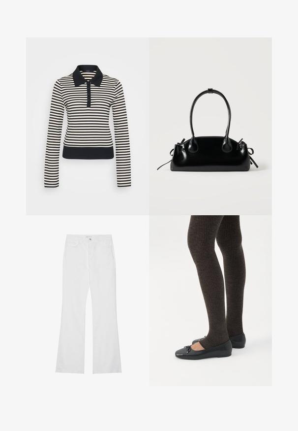 Stripet langærmet polo-shirt i creme og marineblå, med kravehals, knaplukning samt ribbede manchetter og kant.; Hvide brede jeans i bomuldsdenim, med to forlommer, lynlås og en metalknap. Glat tekstur med minimal detaljer.; Ben iført mørke ribbede leggings kombineret med sorte balletsko med små sløjfedetaljer på hvid baggrund.; Lille sort blank håndtaske med to lange håndtag og snøre-detaljer i siden på en ensfarvet lys baggrund.
