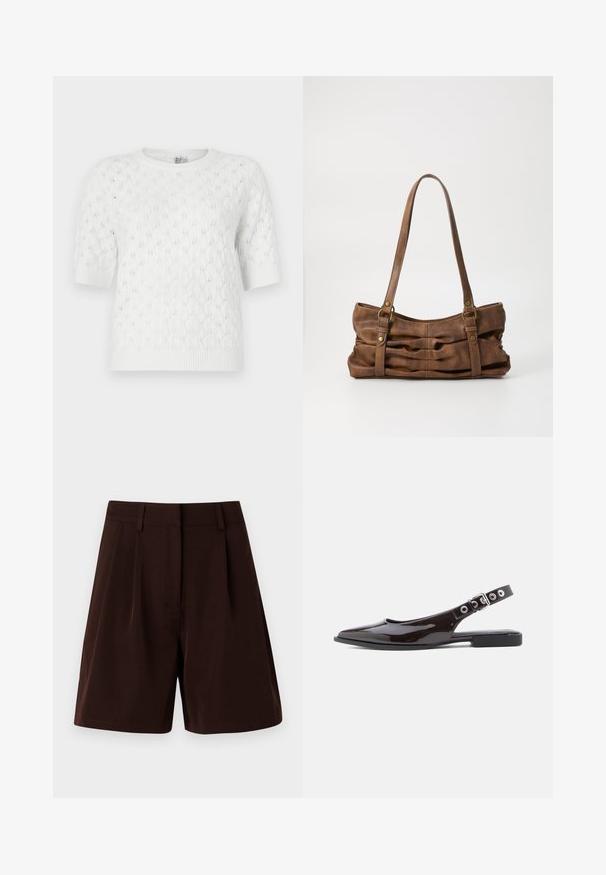 Hvid kortærmet strikket sweater med kabelmønster, rund halsudskæring og ribbet kant. Fremstillet af et let, tekstureret stof.; Brune plisserede shorts lavet af letvægtsstof. Har en klassisk talje og sidelommer, med en lige pasform og kantede kanter.; Sorte slingback-flats i lakeret læder med spids tå, flad hæl og justerbar rem med sølvfarvet hardware og nitteaccents.; Even&Odd Håndtasker - brown
