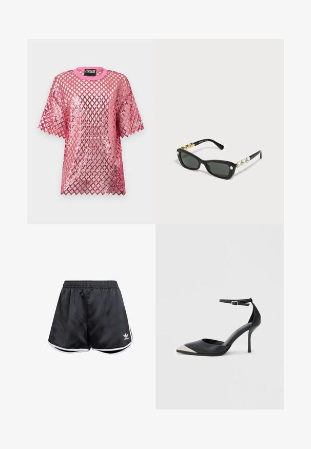 Lyserød kortærmet mesh-top med diamantmønsteroverlay og skinnende palietindre lag, rund halsudskæring, Versace Jeans Couture-mærke.; Sorte atletiske shorts lavet af glat syntetisk materiale, med hvide sideakcenter og et broderet logo nederst til venstre.; Sort højhælet sko med spids tå, sølvfarvet metallisk tåkappe og ankelrem med spænde på en hvid baggrund.; Swarovski Solbriller - black