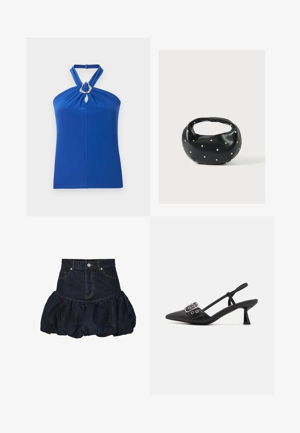 Blauwe haltertop met gedraaide bandjes en een zilveren ovale ringdetail bij de halslijn, gemaakt van gladde stof.; Donkerdenimrok met een getailleerde taille en een verzamelde, puffy geplooide onderkant. Voorzien van voorzakken en een metalen knoopsluiting.; Simmi London DALA - Klassieke pumps - black; Zwarte leren handtas met een afgeronde vorm, versierd met zilveren studs, en een korte handgreep. Gladde textuur en ritsluiting.
