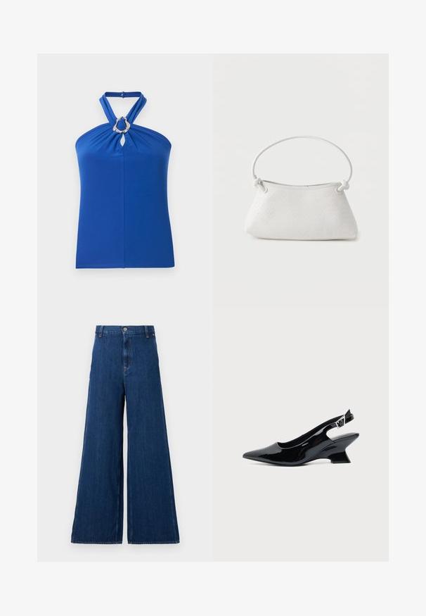 Top halter azul con tirantes retorcidos y un detalle de anillo oval plateado en el escote, hecho de tela suave.; Replay PANTS - Vaqueros rectos - dark blue; Zapato slingback de cuero charol negro con puntera puntiaguda y tacón bajo en bloque inclinado sobre fondo claro liso.; Bolso de mano de cuero blanco tejido con asa redondeada y extremos de la correa anudados, exhibido sobre un fondo liso.