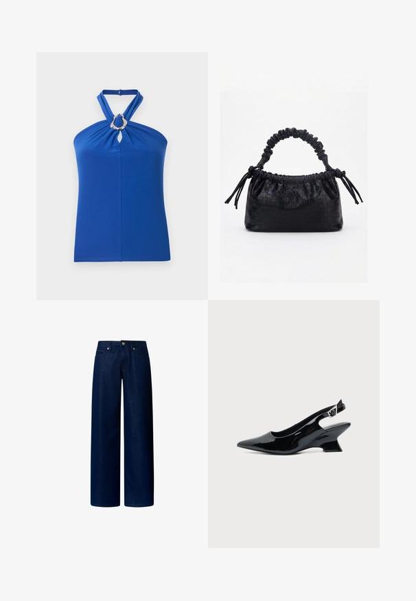 Blå haltertop med snoede stropper og en sølv oval ringdetalje ved halsudskæringen, lavet af glat stof.; Mørkeblå vidde jeans i denim stof. Har en knaplukning og forlommer, med en glat tekstur og minimal dekoration.; Sort laklæder slingback sko med spids tå og lav vinklet blokhæl på ensartet lys baggrund.; Sort taske med krokodilletekstur, rynket øverste kant, samlet hank og snore med kvaster på hver side mod en hvid baggrund.