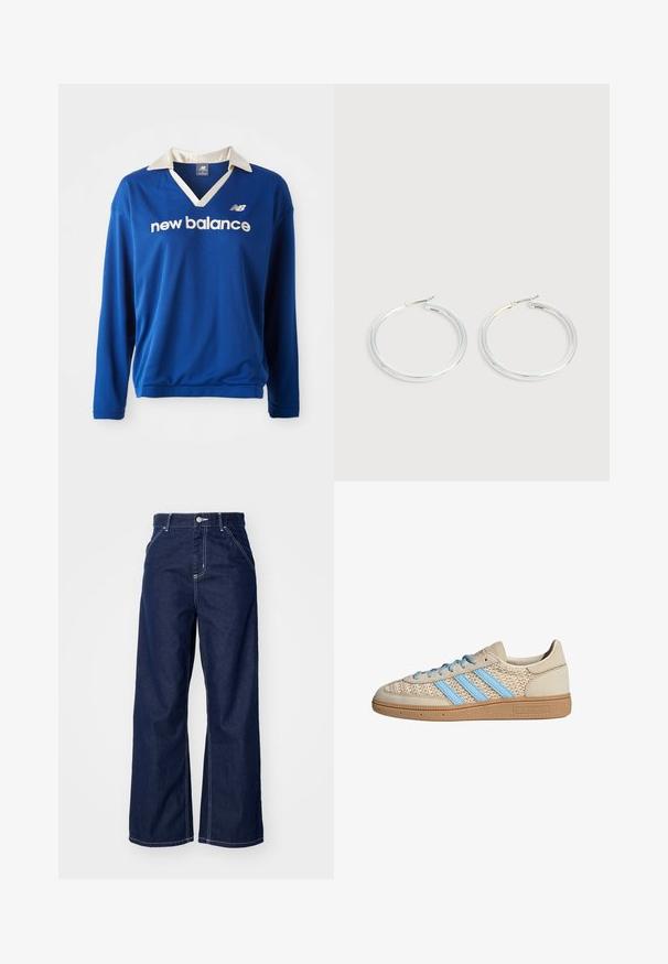 Sinine pikkade varrukatega sporditopp, millel on valge krae, võrkmaterjal ja rinnale valge "new balance" logo.; Tumeda jalgrattaid tumesinisest denimist, millel on kõrge vöökoht, kontrastsed valged õmblused ja traditsiooniline viie tasku disain.; Beežid tossud, millel on tekstuurne kudumine, helesinised triibud ja pruun kummitald. Omab ümmargusi paelu ja logo detaili küljel.; Paari läikiva hõbedase rõngaskujulise kõrvarõngastega, millel on õhukesed traatlukkud, kuvatud heleda halli taustal.