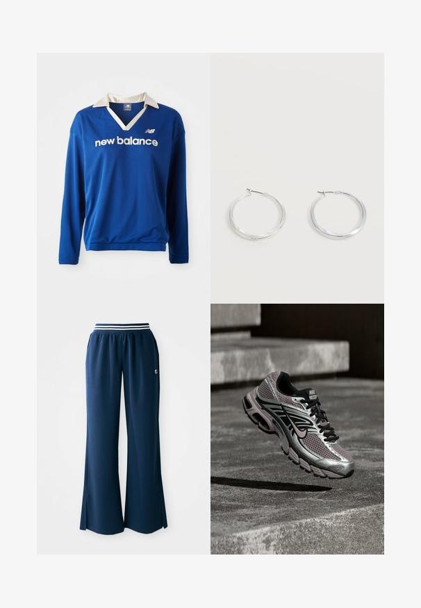 Blauw sportshirt met lange mouwen, voorzien van een witte kraag, een mesh textuur en het 'new balance' logo in het wit over de borst.; Marineblauwe sportbroek met wijde pijpen, elastische tailleband met een witte streep en zijsplitten voor extra bewegingsvrijheid. Logo op de zak.; Nike Air Max hardloopschoen met zilver-, zwart- en paarse mesh, afgebeeld zwevend boven een betonnen oppervlak en traptreden.; Zilverkleurige metalen creolen oorbellen met een glad, licht gebogen oppervlak en sluitingen met haaksluiting op een effen witte achtergrond.