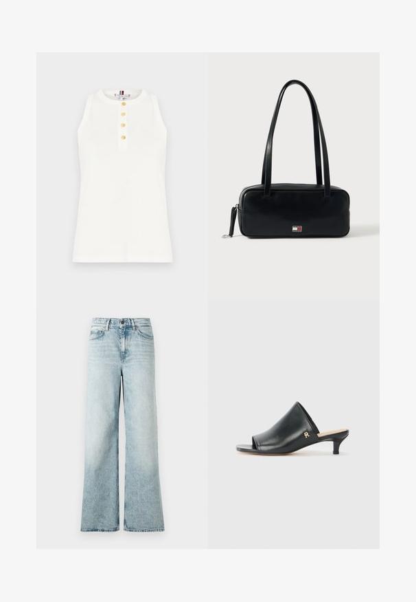 Hvid ærmeløs top af bomuld med rund halsudskæring og en knappet front med fire guldknapper. Glat tekstur, afslappet design.; Lyseblå vidde jeans lavet af denim, med høj talje, forkortet nederkant og en blød tekstur med falmede detaljer.; Sorte læder open-toe mules med en lav hæl. Har en glat overflade og et guld logo-prim på siden.; Sort læderhåndtaske med rektangulær form, flad bund, to skulderremme og en lille logodetalje foran. Glat tekstur.