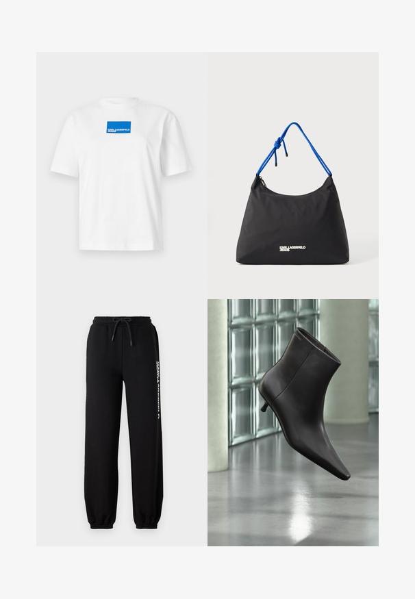 Hvid bomulds T-shirt med korte ærmer og rund hals. Centreret blåt rektangel logo med teksten "KARL LAGERFELD JEANS".; Sorte sweatpants med elastisk talje, justerbar snor og tætsiddende manchetter. Har et hvidt logo trykt på venstre side.; Sort læderankelstøvle med spids tå og lille hæl vist mod en væg af glasblokke og poleret gulv baggrund.; Sort nylon taske med afrundet form, blå snøre-håndtag og sølv logo detaljer. Glat tekstur og lynlås lukning.