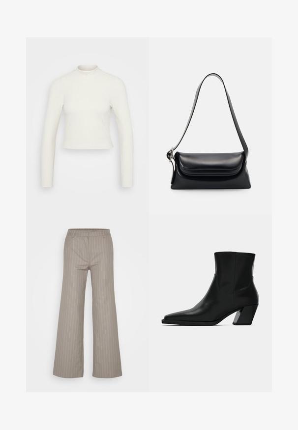 Hladký, dlhý rukáv top v krémovej farbe s kratším strihom a s imitovaným golierom. Hladká textúra s jemnými vertikálnymi pruhmi.; Weekday EMILY SUITING TROUSER - Nohavice - grau; Čierna kožená členková topánka s špicatou špičkou, elegantným siluetou a masívnym štvorecovým podpätkom. Hladký povrch s minimálnymi švovými detailmi.; Čierna kožená kabelka so štruktúrovaným tvarom, hladkou textúrou a jedným ramenným popruhom. Obsahuje jemný, zaoblený dizajn klapky.
