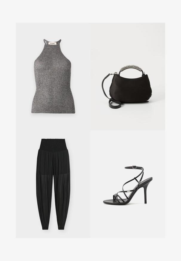 Top halter gris en textile côtelé, présentant une silhouette ajustée et un col montant avec des côtés ouverts. Étiquette de la marque visible au niveau du cou.; Pantalon noir taille haute transparent et ample, avec taille élastique et bas élastiqués, présenté sur un fond blanc uni.; Sandale noire à talons hauts avec des brides fines, une boucle à la cheville, une surface en cuir lisse et un talon aiguille élancé.; Sac à main en satin noir avec une poignée argentée incurvée et une bandoulière noire amovible. Texture douce et forme arrondie avec un design minimaliste.