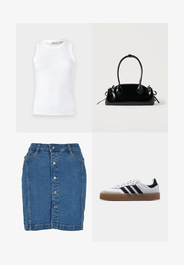 Witte mouwloze tanktop van ribstof. Heeft een ronde halslijn en een klein logo op het midden van de voorkant. Eenvoudig ontwerp.; Denim rok met een sluiting aan de voorkant met knopen, een aansluitend ontwerp, lichtblauwe kleur en subtiele stiksels.; Witte leren sneakers met zwarte strepen, gumrubberen buitenzool, ronde neus, vetersluiting en een zachte grijze suède neuskap.; Kleine zwarte glanzende handtas met twee lange hengsels en zijkant trekkoord details op een effen lichte achtergrond.