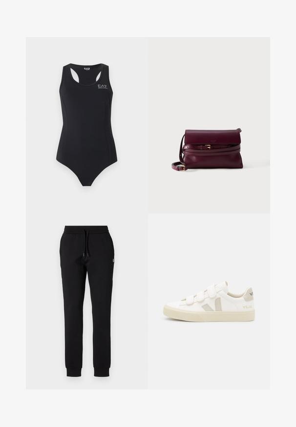 Must musta ühevärviline trikoo, millel on racerback ja valge EA7 Emporio Armani logo rinnal.; Mustad mustad püksid pehmest kangast, millel on elastne vöökoht koos paelaga ja kitsenevad sääred ribakätega. Väike logo nüanss.; Valged tenniset, millel on takjapaelad, beežid sametist aktsendid, tekstureeritud kummist tald ja hall V-logo. Minimalistlik disain, ümar kuju.; Tume burgundia nahast risti kantav kott klapiga sulgemise ja reguleeritava kuldse pannaletailiga rihmaga.