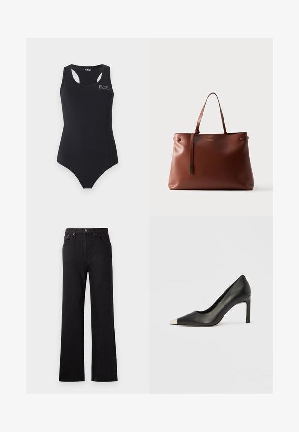 Zwart mouwloos eendelig badpak met racerback en wit EA7 Emporio Armani-logo op de borst.; Zwart denim jeans met hoge taille en flared pijpen, voorzien van zichtbare stiksels, een vijf-pocket ontwerp en accenten in koperkleurig metaal.; Zwarte leren hoge hak met een spits toelopende neus en een metalen zilverkleurige kap. Heeft een gladde afwerking en een slanke hak van 10 cm.; Bruine leren shopper met een gladde textuur, minimalistisch ontwerp, lange handvatten en een kleine decoratieve kwast detail.
