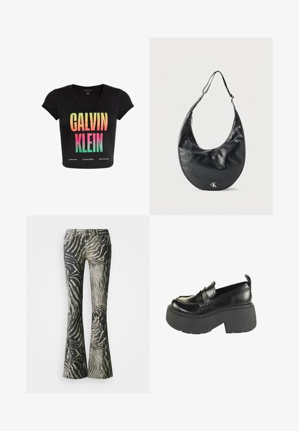Zwart kort mouw cropped T-shirt met V-hals en grote gradient "CALVIN KLEIN" tekst in oranje, roze en groen aan de voorkant.; Flared jeans in een zwart en beige zebra patroon, gemaakt van denim, met een vijf-vakken ontwerp en duidelijke stiksels.; Zwarte leren instappers met een opvallende dikke zwarte plateauzool, voorzien van een gestikt ontwerp en een band over de bovenkant.; Zwart, leren schoudertas in halve maanvorm met verstelbare band en zilveren "cK" logo aan de voorkant, tegen een witte achtergrond.
