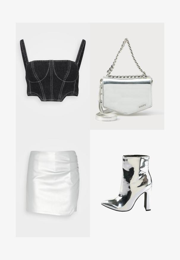 Μαύρο τζιν crop top με λεπτές τιράντες, που διαθέτει λευκή ραφή, δομημένο κορσέ και καμπύλες ραφές. Λείο υλικό και εφαρμοστό σχέδιο.; Even&Odd Σορτς - silver; Ασημένια πατητή δερμάτινη μπότες έως τον αστράγαλο με μυτερή μύτη, χοντρό ψηλό τακούνι και πλαϊνό φερμουάρ, με λείο, γυαλιστερό φινίρισμα.; Ασημί μεταλλική τσάντα χιαστί με αλυσίδα, γεωμετρικό σχήμα, λεία υφή και λεπτομέρεια λογότυπου. Διαθέτει φερμουάρ κλείσιμο και διακοσμητική ραφή.