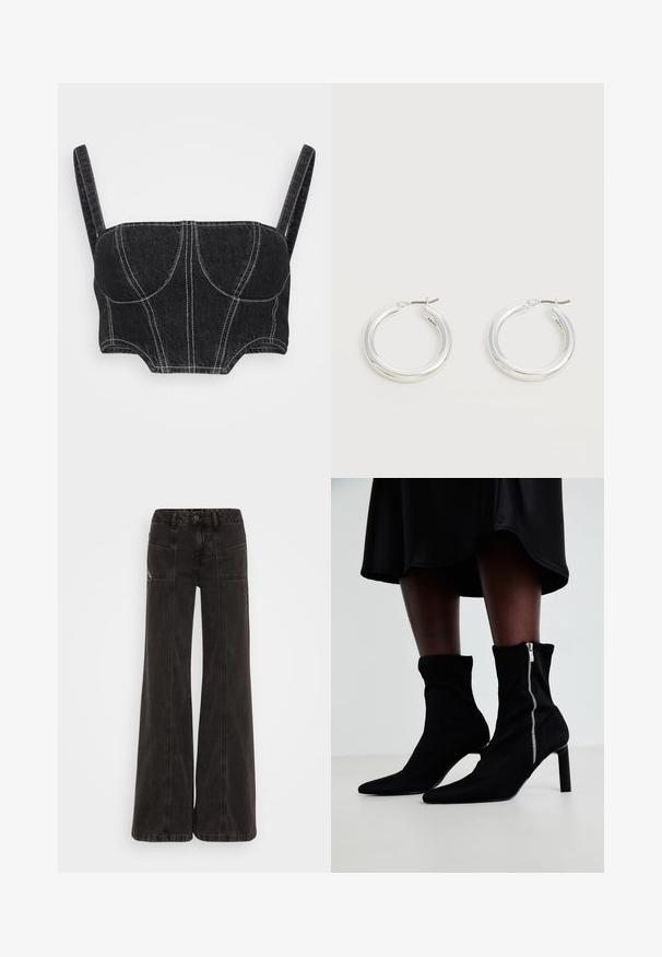 Μαύρο τζιν crop top με λεπτές τιράντες, που διαθέτει λευκή ραφή, δομημένο κορσέ και καμπύλες ραφές. Λείο υλικό και εφαρμοστό σχέδιο.; Μαύρα τζιν παντελόνια από denim, με φαρδύ μπροστινό μέρος, ψηλή μέση, μπροστινές τσέπες και τονική ραφή κατά μήκος των ραφών.; Μαύρες μποτάκια μέχρι τον αστράγαλο με ελαστικό ύφασμα, μυτερή μύτη και κλείσιμο με φερμουάρ στο πλάι, τοποθετημένα σε λεπτό ψηλό τακούνι.; Ζευγάρι μεσαίου μεγέθους γυαλιστερά ασημένια σκουλαρίκια κρίκοι με λεπτά μεταλλικά κλείστρα σε ανοιχτό ουδέτερο φόντο.