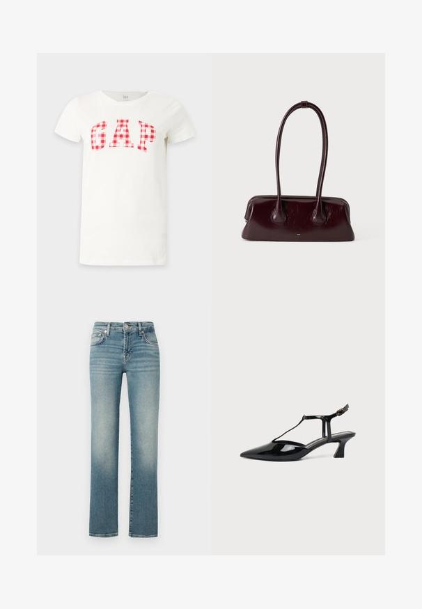 Witte T-shirt met korte mouwen met een rood-wit geruit patroon dat GAP op de borst spelt.; Blauwe spijkerbroek met een rechte pijp, voorzien van vervaagde gebieden, vijf-pocket ontwerp en metalen knoopsluiting bij de taille.; Zwarte pumps van lakleer met spits toelopende neus, T-strap en lage schuine blokhak op witte achtergrond.; Donkerbruine glanzende leren handtas met lange, dunne handvatten en een gestructureerde rechthoekige bodem op een effen lichte achtergrond.