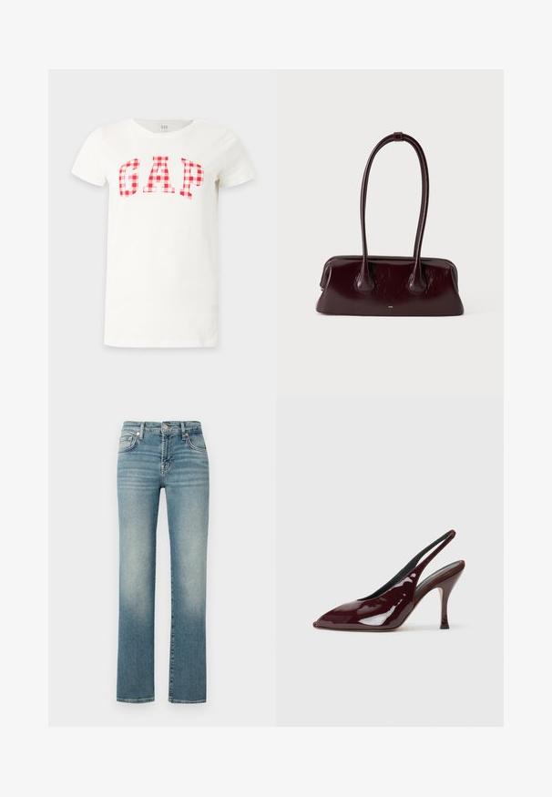 Witte T-shirt met korte mouwen met een rood-wit geruit patroon dat GAP op de borst spelt.; Blauwe spijkerbroek met een rechte pijp, voorzien van vervaagde gebieden, vijf-pocket ontwerp en metalen knoopsluiting bij de taille.; NEOUS HAMAL - Hoge hakken - dark chocolate; Donkerbruine glanzende leren handtas met lange, dunne handvatten en een gestructureerde rechthoekige bodem op een effen lichte achtergrond.
