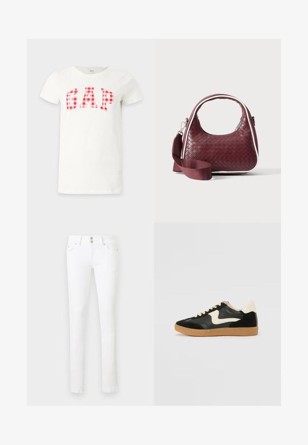 T-shirt blanc à manches courtes avec un motif à carreaux rouges et blancs formant le mot GAP sur la poitrine.; Jean blanc slim à taille mi-haute, avec deux poches avant, deux poches arrière et une fermeture à double bouton.; Baskets en daim et cuir noir avec un swoosh latéral crème et un talon crème clair. Dotées de lacets beige et d'une semelle en caoutchouc gomme.; Sac à main en cuir tressé marron foncé avec poignée courbée, garniture blanche, fermeture éclair argentée et bandoulière large en tissu amovible sur fond uni.