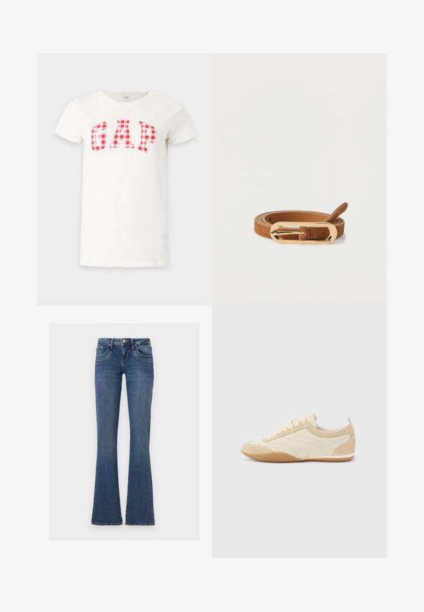 Λευκό κοντομάνικο T-shirt με κόκκινο και λευκό καρό σχέδιο που σχηματίζει τη λέξη GAP στο στήθος.; Μπλε τζιν παντελόνια από ντένιμ με μέση μεσαίου ύψους, στυλ με πέντε τσέπες, κλείσιμο με κουμπί και φερμουάρ, και καμπανέ πόδια σε απλό λευκό φόντο.; Μπεζ και εκρού αθλητικό παπούτσι casual με κορδόνια, διακοσμημένο με σουέντ λεπτομέρειες και σόλα από καουτσούκ καραμέλας, εμφανίζεται από την εξωτερική πλευρά σε απλό φόντο.; Ταν σουέντ ζώνη τυλιγμένη με επιμήκη, λαμπερή πόρπη από μεταλλικό χρυσό τόνο, τοποθετημένη σε λευκό φόντο.