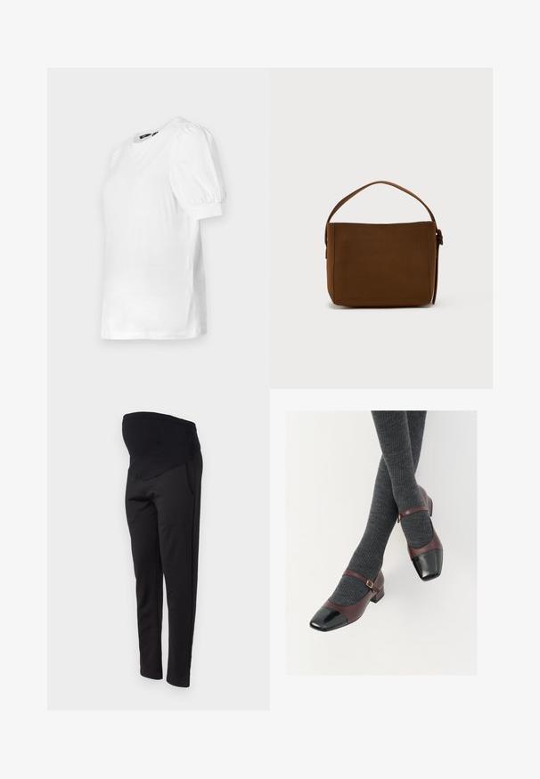 Hvid kortærmet t-shirt med rund halsudskæring og puffede ærmer, lavet af blødt stof, med lige nederkant og sideslids.; ONLY MATERNITY OLMGISELEA - Bukser - black; Burgunderrøde læder Mary Jane-sko med en sort laktoej og tynd ankelrem; båret med mørkegrå ribbede strømper. Lav blokhæl.; Brun rektangulær skuldertaske med et enkelt bredt bærehåndtag og spænde detaljer, sat på en ensfarvet hvid baggrund.