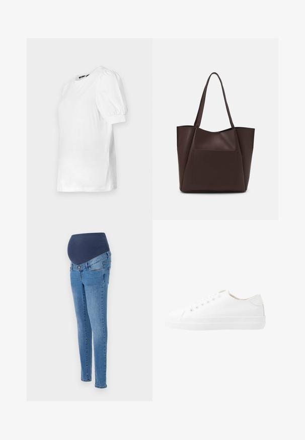 Hvid kortærmet t-shirt med rund halsudskæring og puffede ærmer, lavet af blødt stof, med lige nederkant og sideslids.; Graviditetsjeans med en blå elastisk talje og slim-fit ben, lavet af lys blå denim med lidt falmning og standard baglommer.; Hvide kanvas sneakers med lavt design, rund tå, seks snørehuller og en struktureret gummisål. Glat materiale med minimale detaljer.; Brun tote taske lavet af glat materiale, med en stor frontlomme, to håndtag og et forenklet, struktureret design.